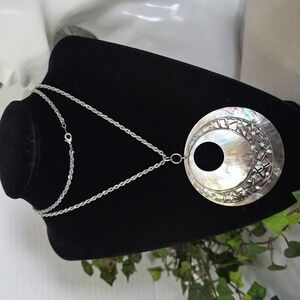 Silver Rhodium Plate Chain Necklace With Large Abalone Mother Of Pearl Pendant